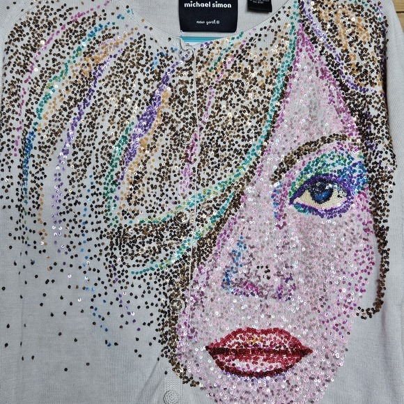 Michael Simon Sweater Medium Cardigan Sequins Face Model Twiggy Art - Picture 3 of 10
